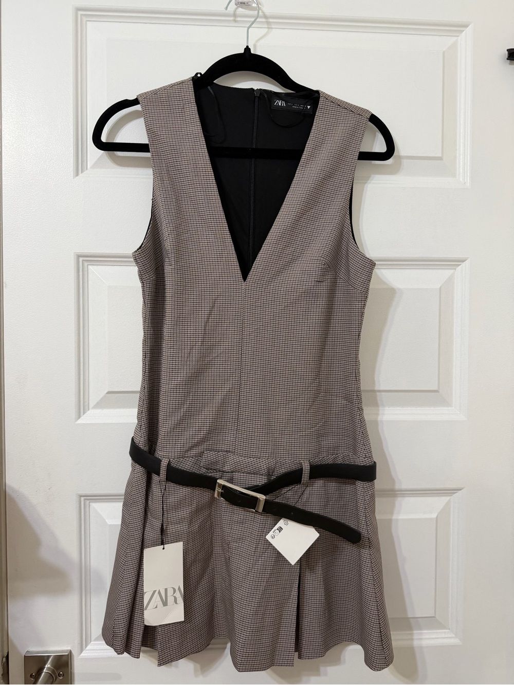 Zara Taupe Check V‑Neck Mini Dress with Black Belt